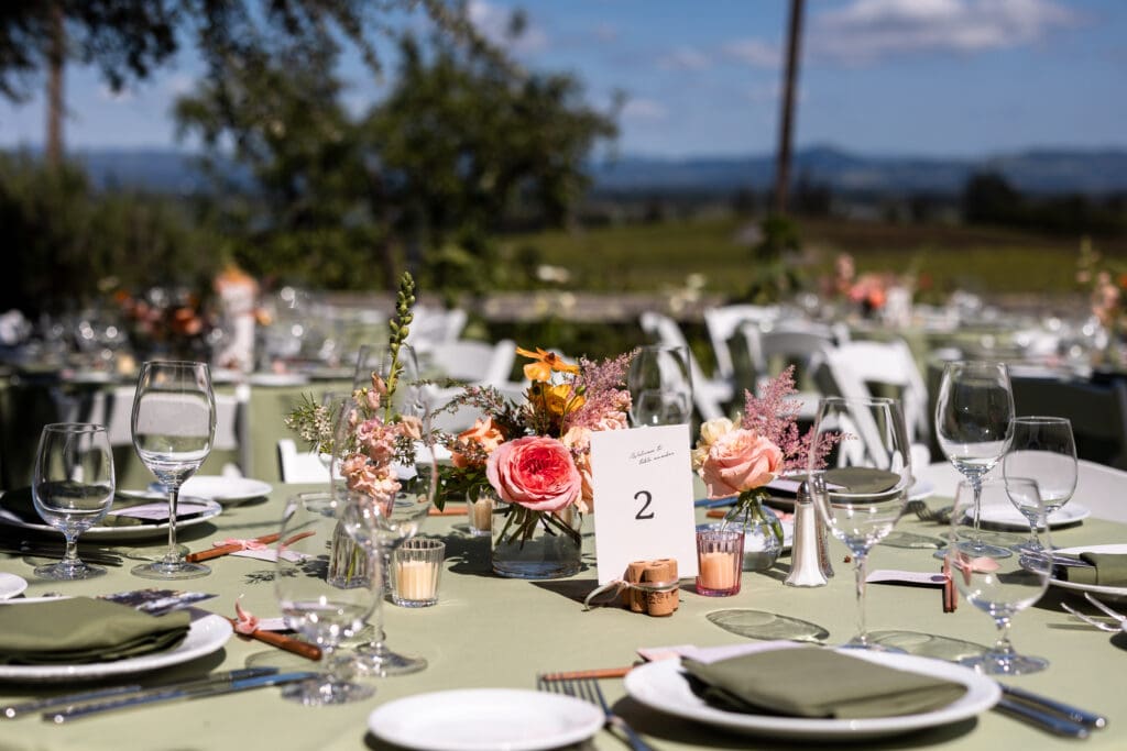 Table set up for outdoor Vine Hill House wedding reception