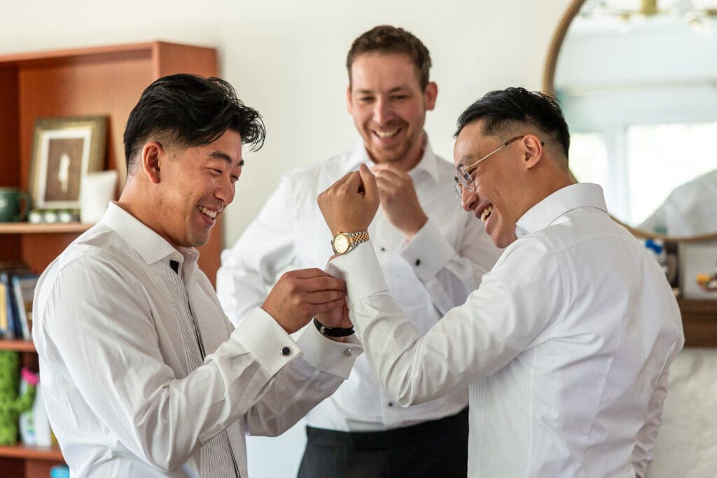Groom and groomsmen getting ready for Sonoma County wedding ceremony