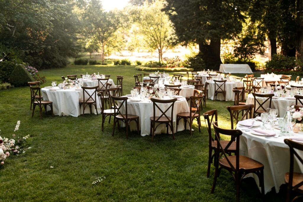 Tables all set up for wedding ceremony at Nestldown in Northern California