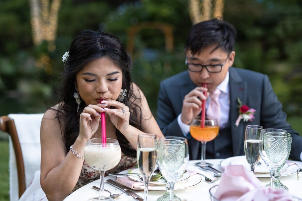 Bride and groom sipping their drinks at Los Gatos wedding reception