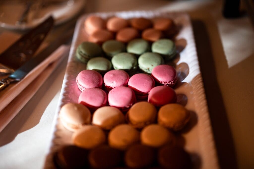 Macarons of different colors on display at wedding reception in Los Gatos