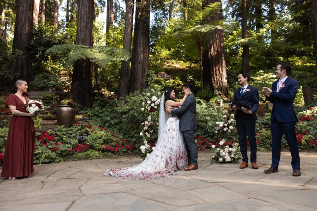 Bride and groom about to share their first kiss at Los Gatos wedding
