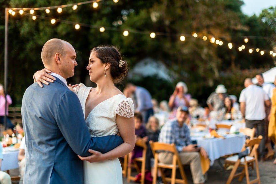 Couple dancing at outdoor wedding reception in Northern California