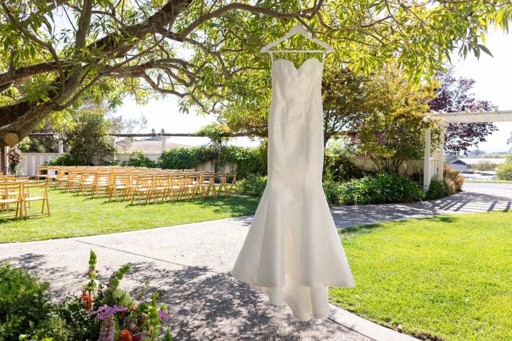Wedding dress on display at Flying Cloud Farm in Sonoma County CA