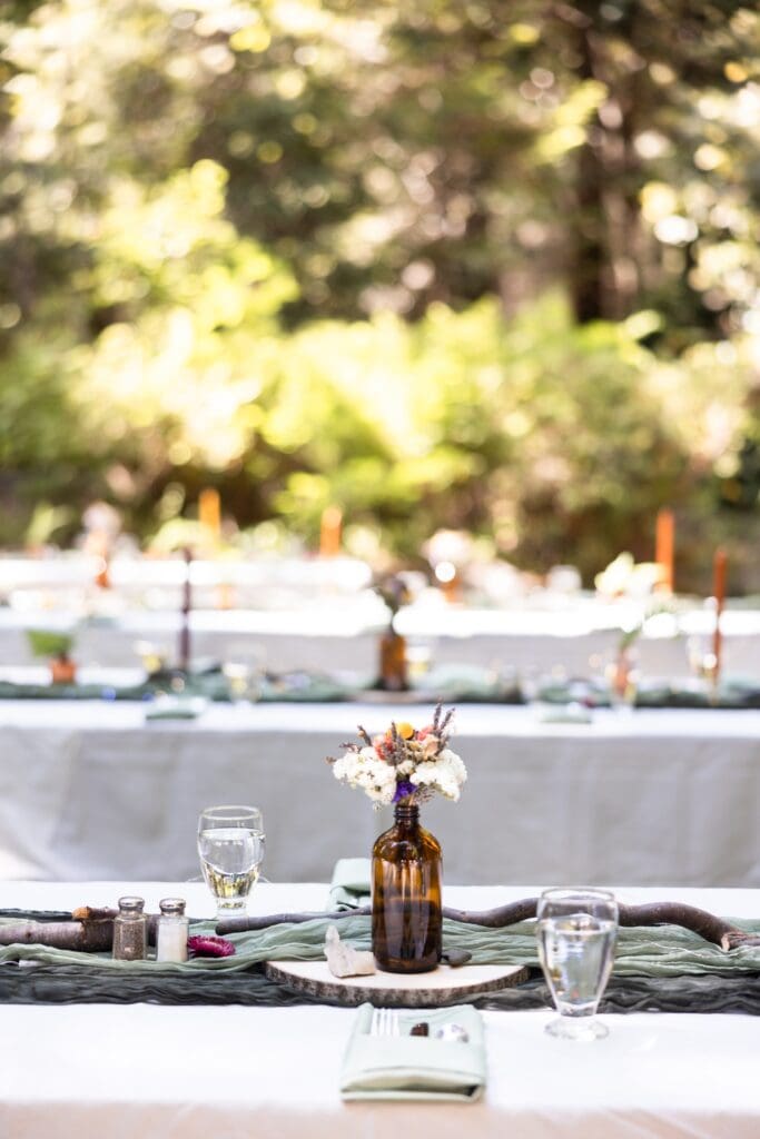 Wedding reception table settings at Gualala Arts Center