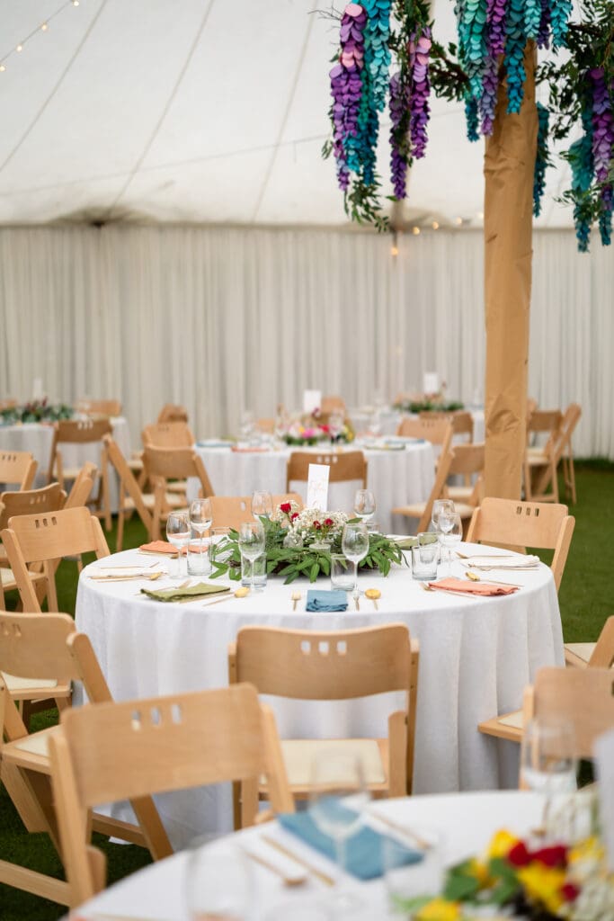 Table settings at at Holly’s Ocean Meadow in Fort Bragg, CA wedding