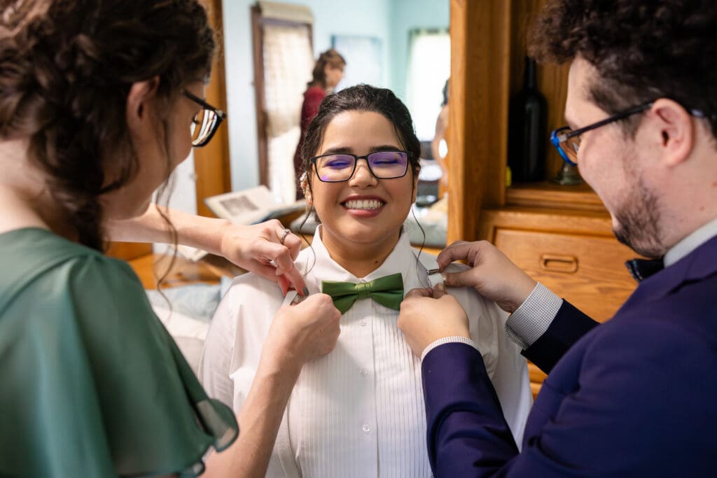 Bride smiling in bridal room at Holly’s Ocean Meadow in Fort Bragg, CA