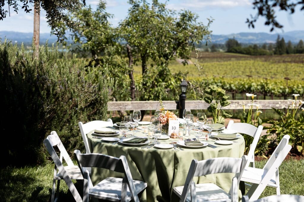 Wedding reception with table and chairs at Vine Hill House in Sonoma County