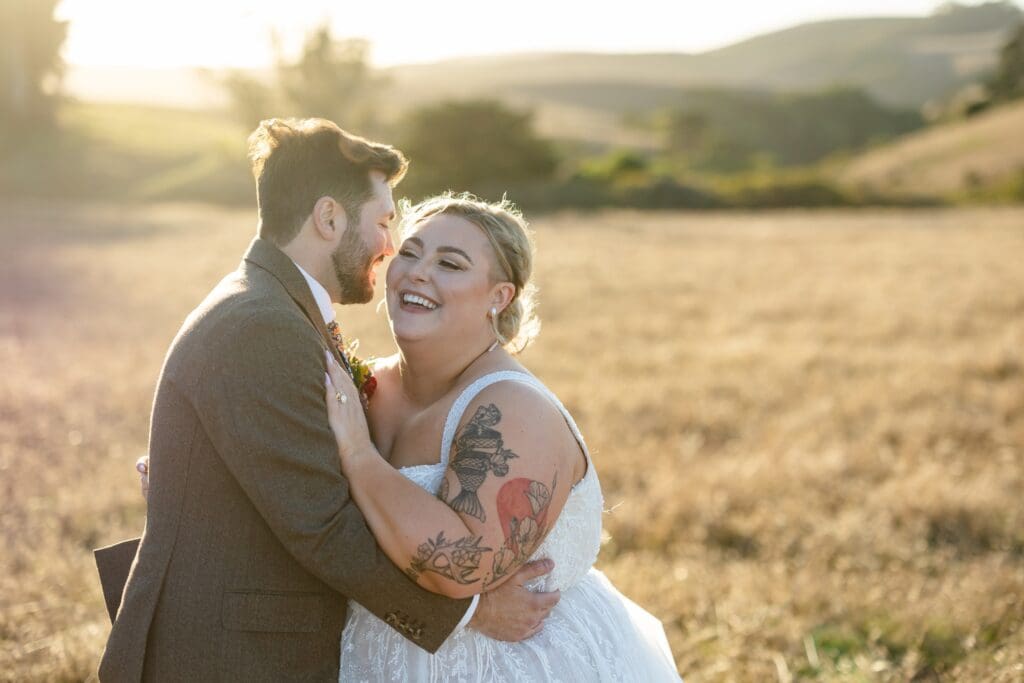 Bride and groom at golden hour outside The Haven at Tomales Wedding