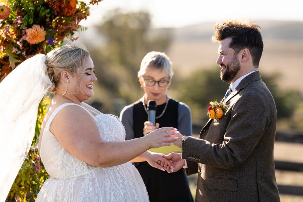 Bride and groom at wedding ceremony at The Haven at Tomales