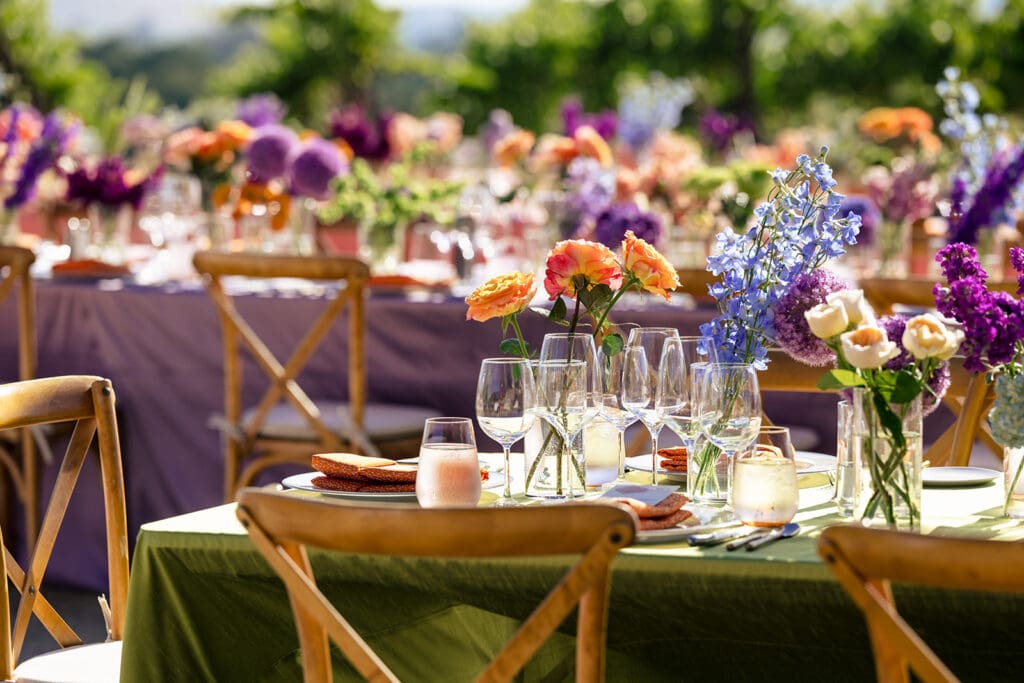 A colorful Sonoma wedding reception at Gundlach Bundschu Winery.