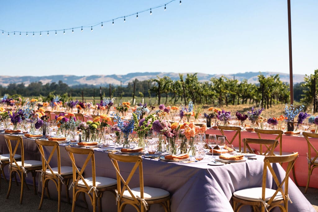A colorful Sonoma wedding reception at Gundlach Bundschu Winery.