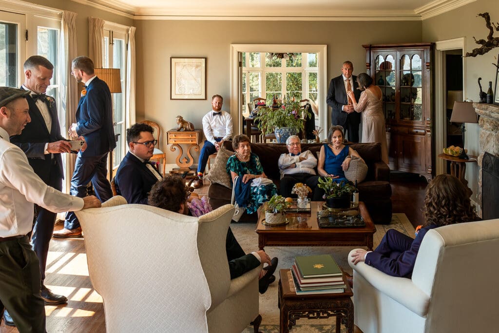 Family and friends gathering at Gundlach Bundschu Winery before the wedding ceremony