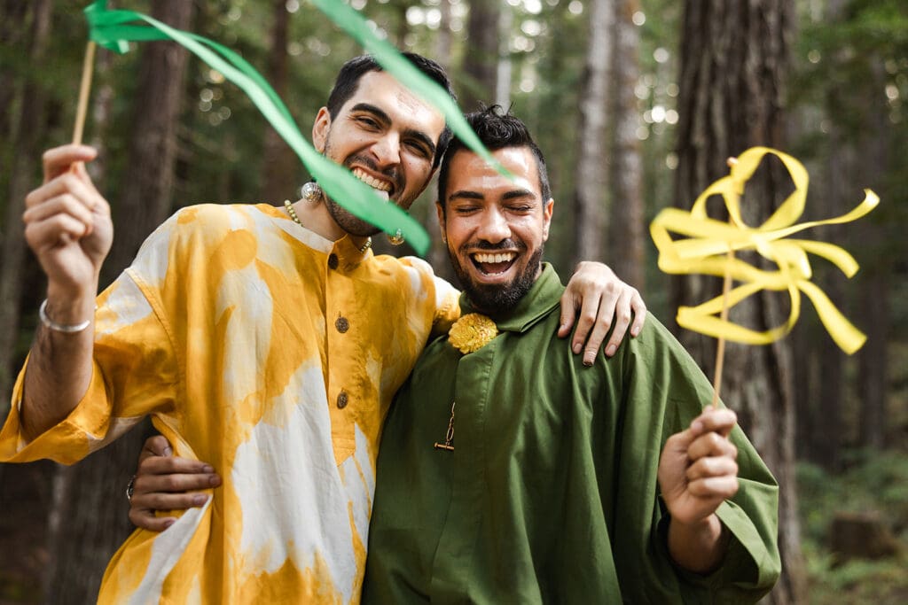 Guests reconnecting during cocktail hour at a Mendocino Woodlands wedding venue