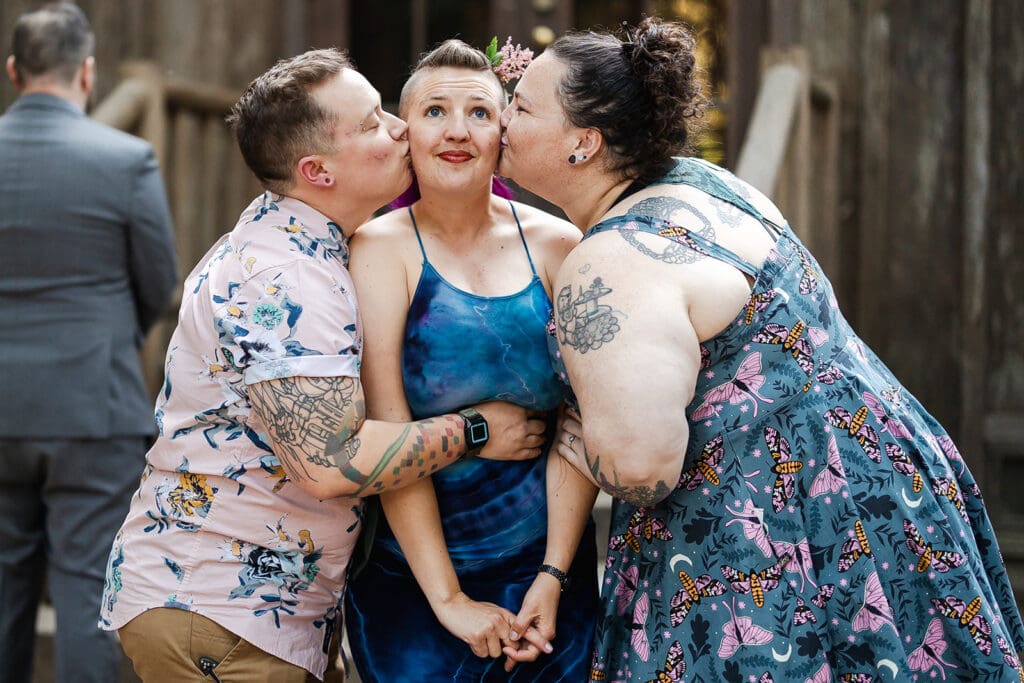 Guests reconnecting during cocktail hour at a Mendocino Woodlands wedding venue