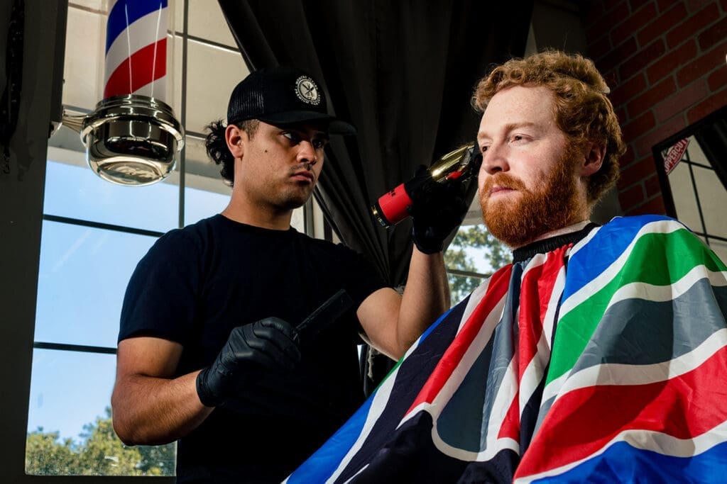 Groomsmen getting ready with their Sonoma wedding party at True Gents Barbershop in Sonoma.