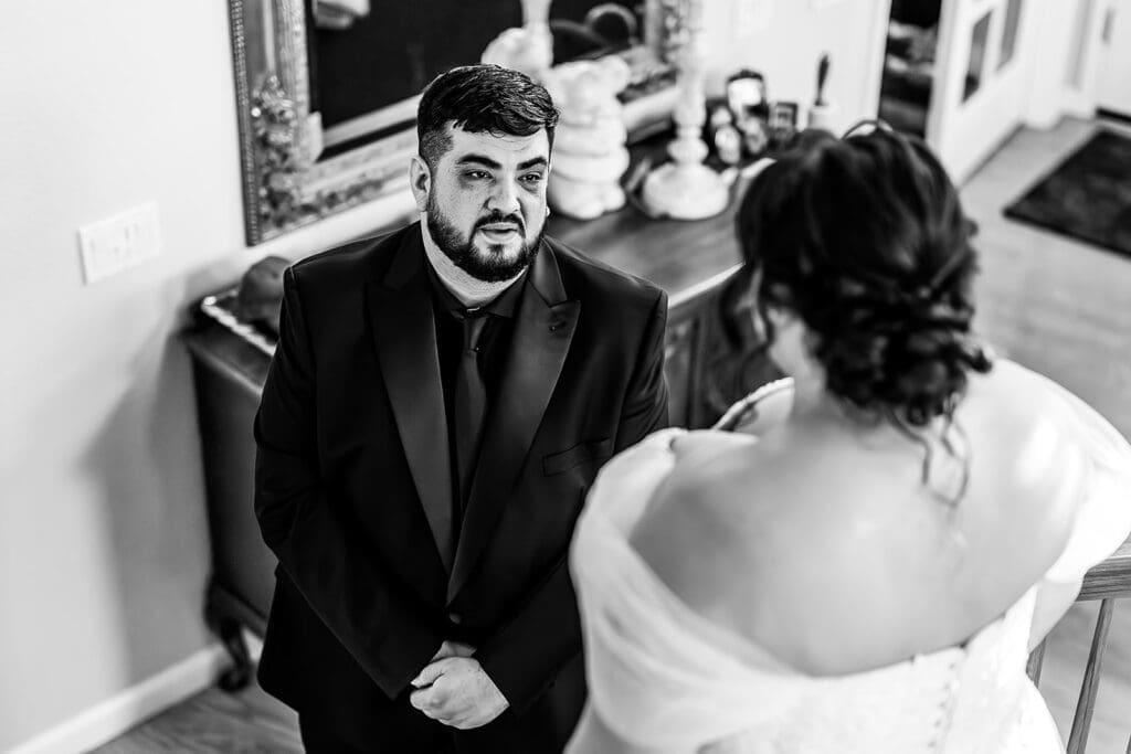 Groom tears up as he sees his bride for the first time at an intimate petaluma wedding.
