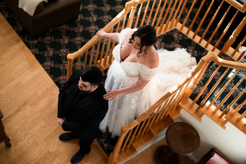 First look at home on a staircase for an intimate petaluma wedding.