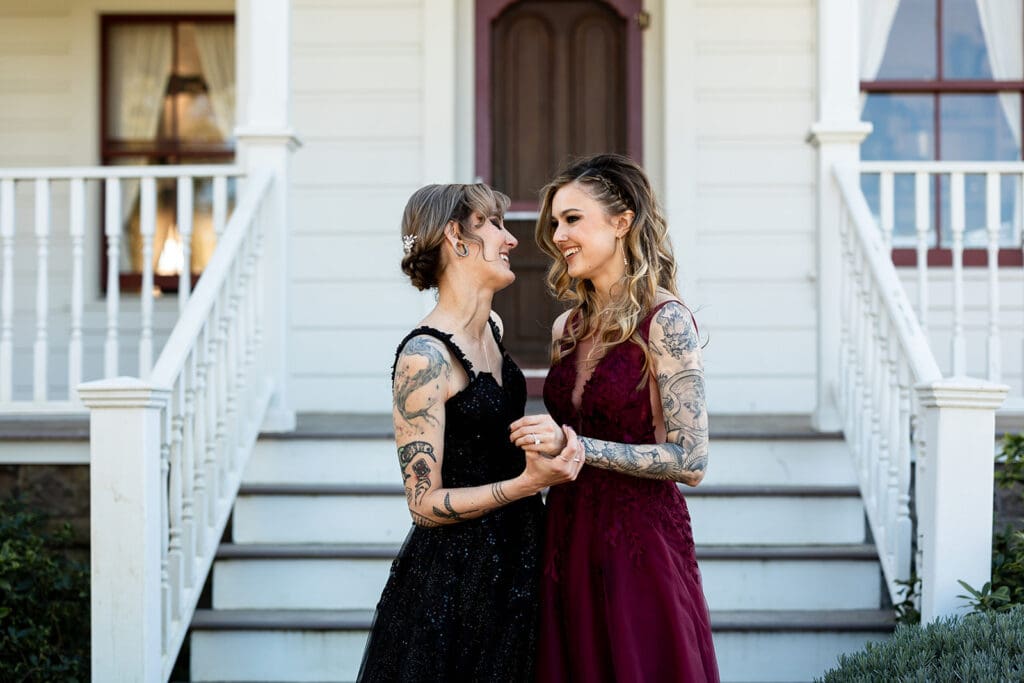 Two LGBTQ brides first look at Olympias Valley Estate wedding in Petaluma CA