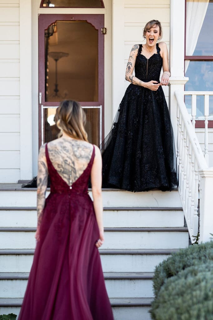 Two LGBTQ brides first look at Olympias Valley Estate wedding in Petaluma CA