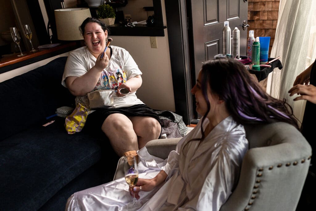 Bride getting ready at Noyo Harbor Inn before Fort Bragg wedding ceremony
