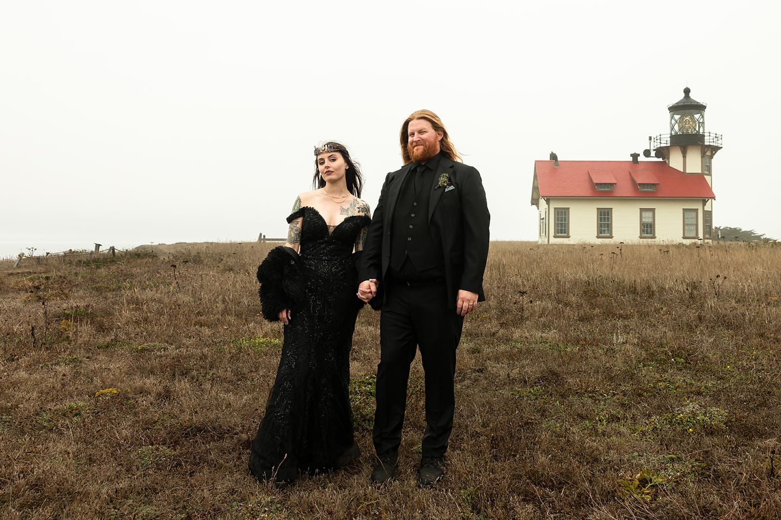 Bride and groom portrait at foggy Point Cabrillo Lighthouse wedding ceremony on the Mendocino Coast