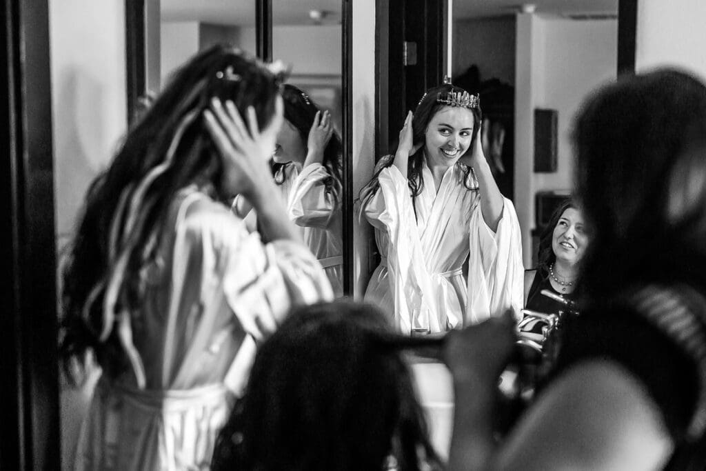 Bride getting ready at Noyo Harbor Inn before Fort Bragg wedding ceremony