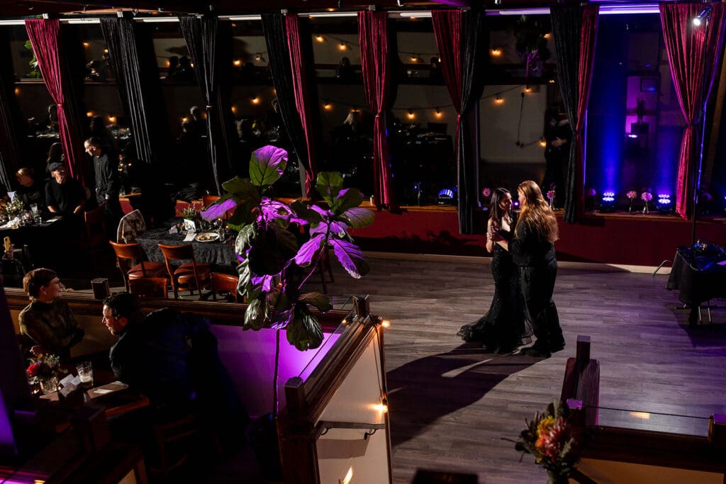 Vibrant uplighting at non-traditional Fort Bragg wedding reception