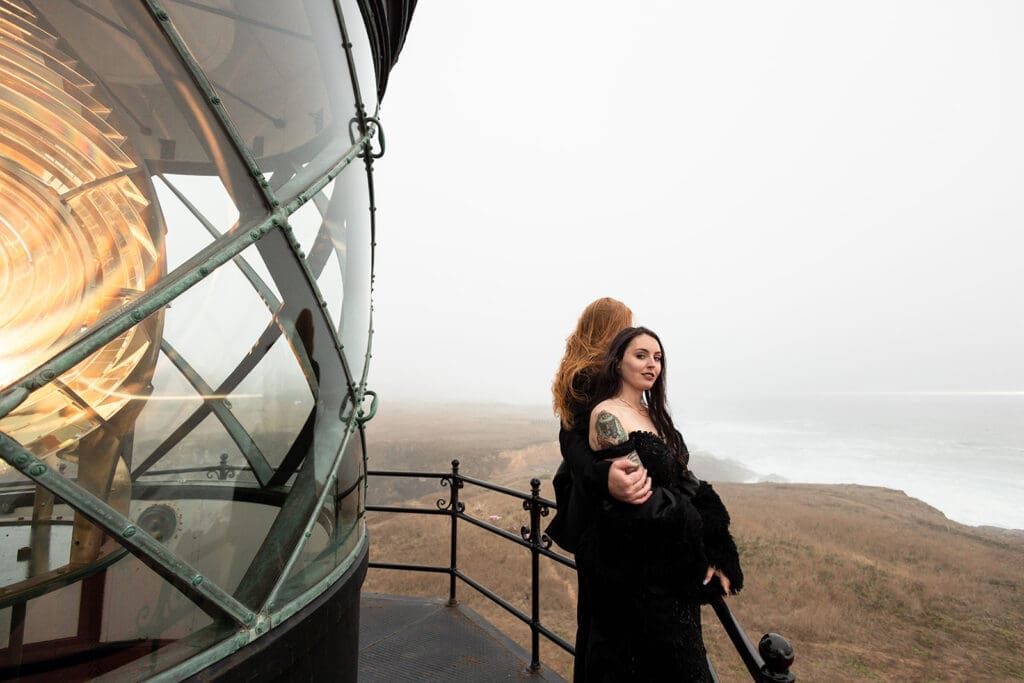 Couple portraits from the top of the Point Cabrillo Lighthouse on their Mendocino wedding day