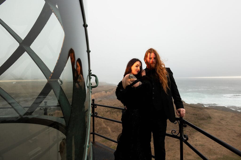 Couple portraits from the top of the Point Cabrillo Lighthouse on their Mendocino wedding day