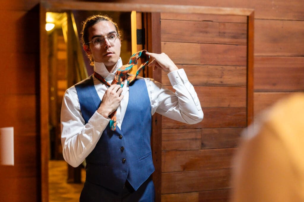 Groom getting ready for Leonard Lake Reserve Wedding
