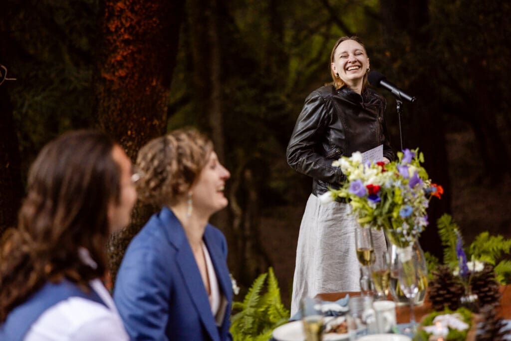 Heartfelt wedding speech at a Mendocino retreat wedding reception