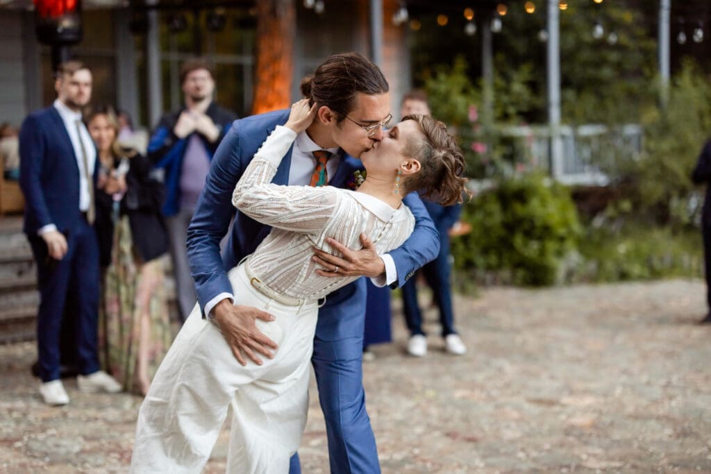Wedding couple shares first dance overlooking Leonard Lake Reserve